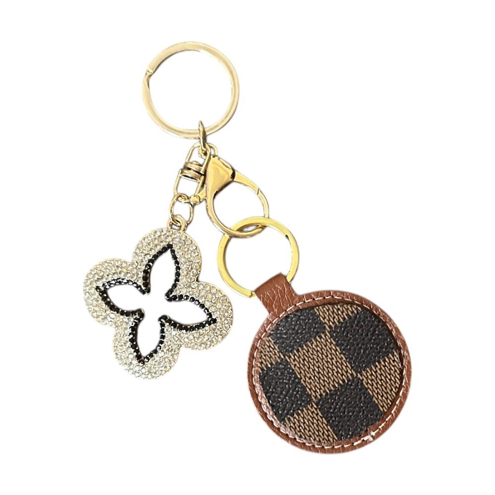 Brown Check Pattern Keychain With Gold Tone Hardw… - image 1